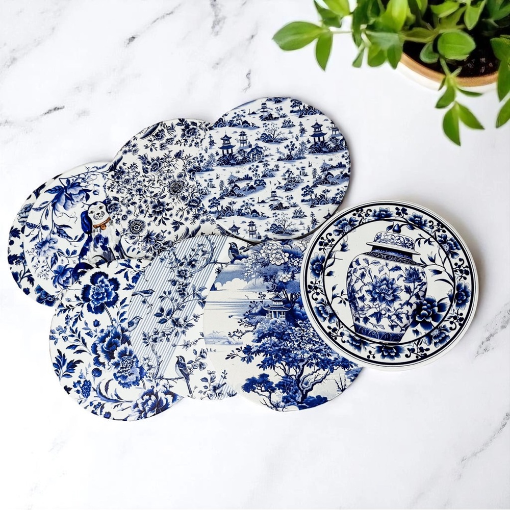 Chinoiserie Coasters, Blue & White Botanical Print Coasters Kitchen Set of 2 - Picture 6 of 8